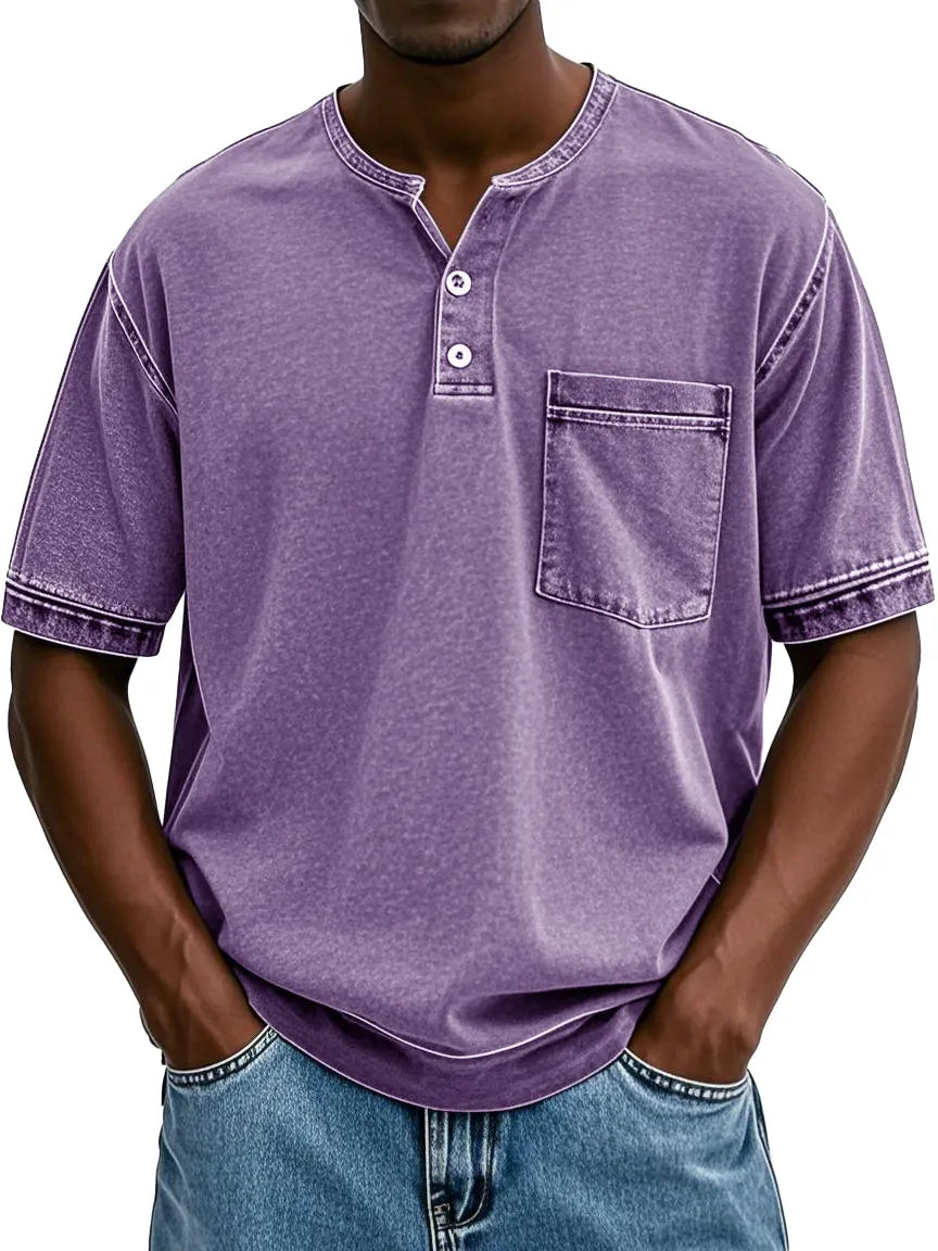 Men's Fashion Vintage Washed Pocket Short Sleeve Henley Shirt