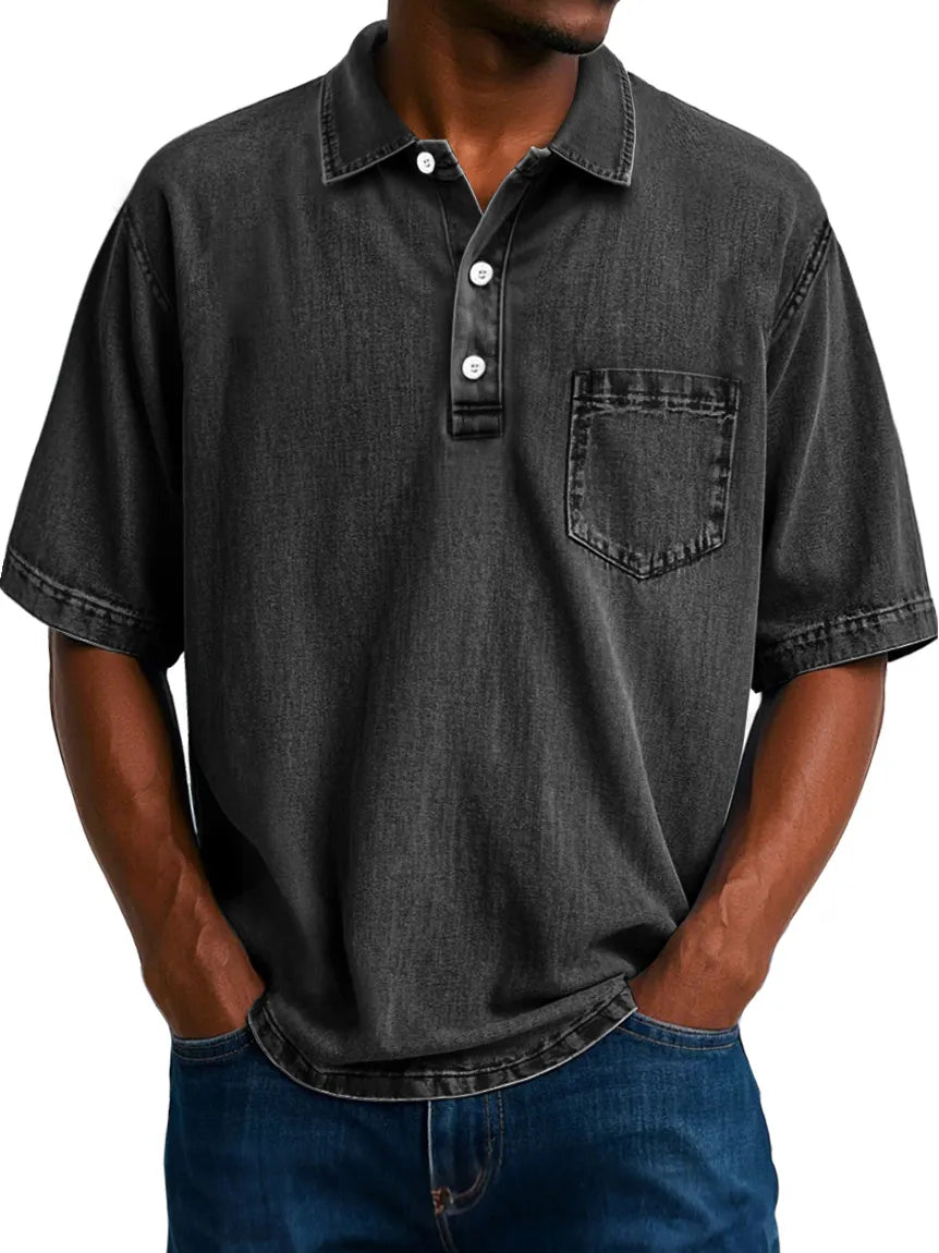 Men's Vintage 100% Cotton Washed Distressed Lapel Pocket Casual Short Sleeve POLO Shirt