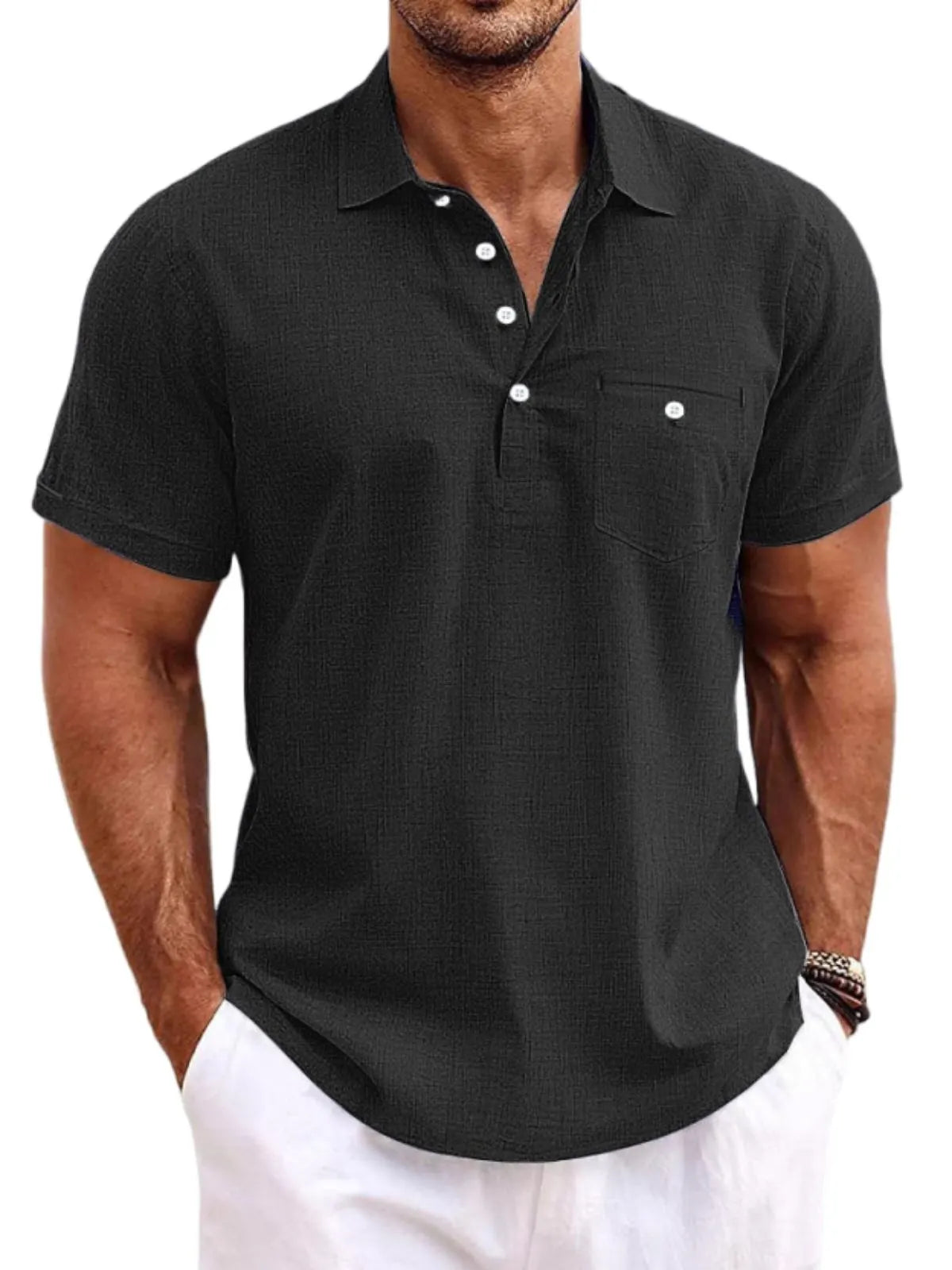 Men's Breathable Casual Button Chest Pocket Lapel Linen Short Sleeve POLO Shirt