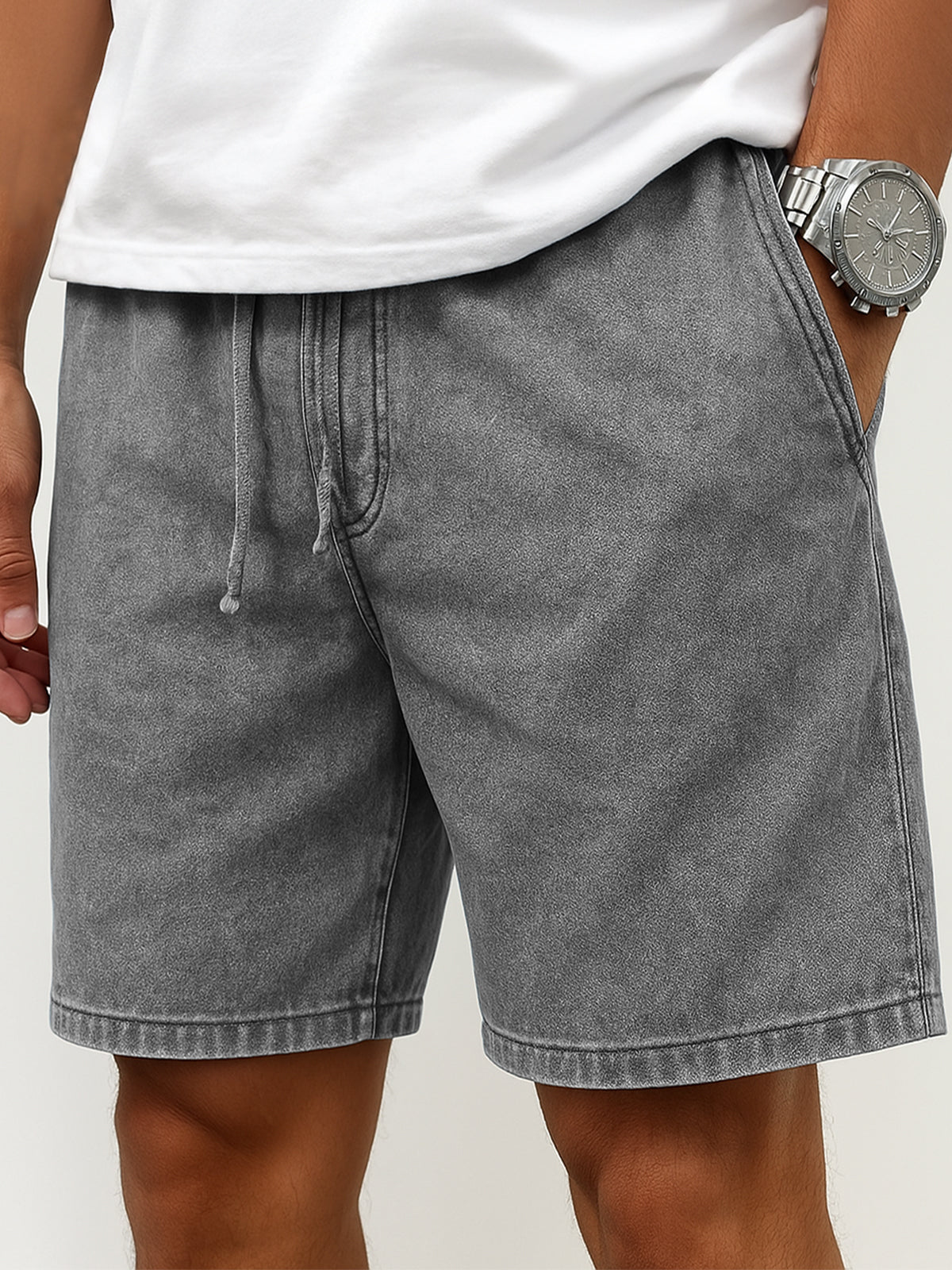 Men's Stylish Washed Lace-Up Casual Cropped Shorts with Side Pockets