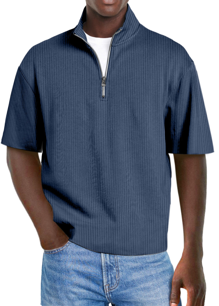 Men's Casual Solid Color Pit Collar Stand Collar Zipper Short Sleeve Polo Shirt