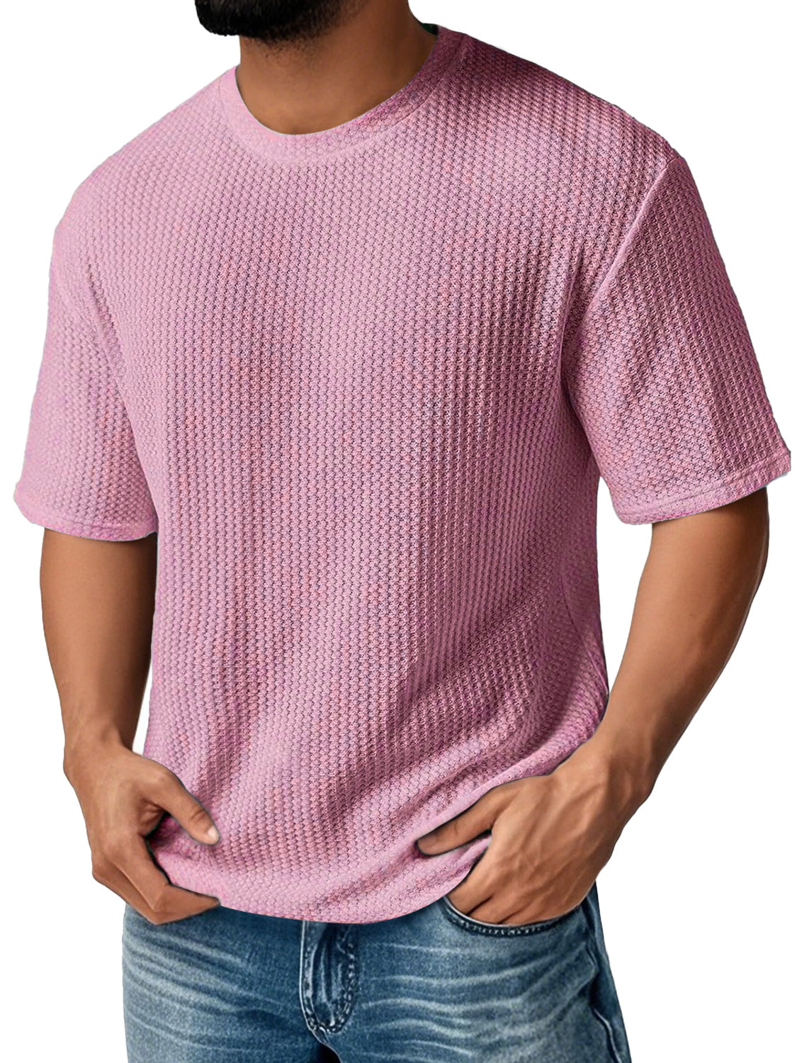 Men's Daily Round Neck Waffle Casual Solid Color Comfortable Short Sleeve T-shirt