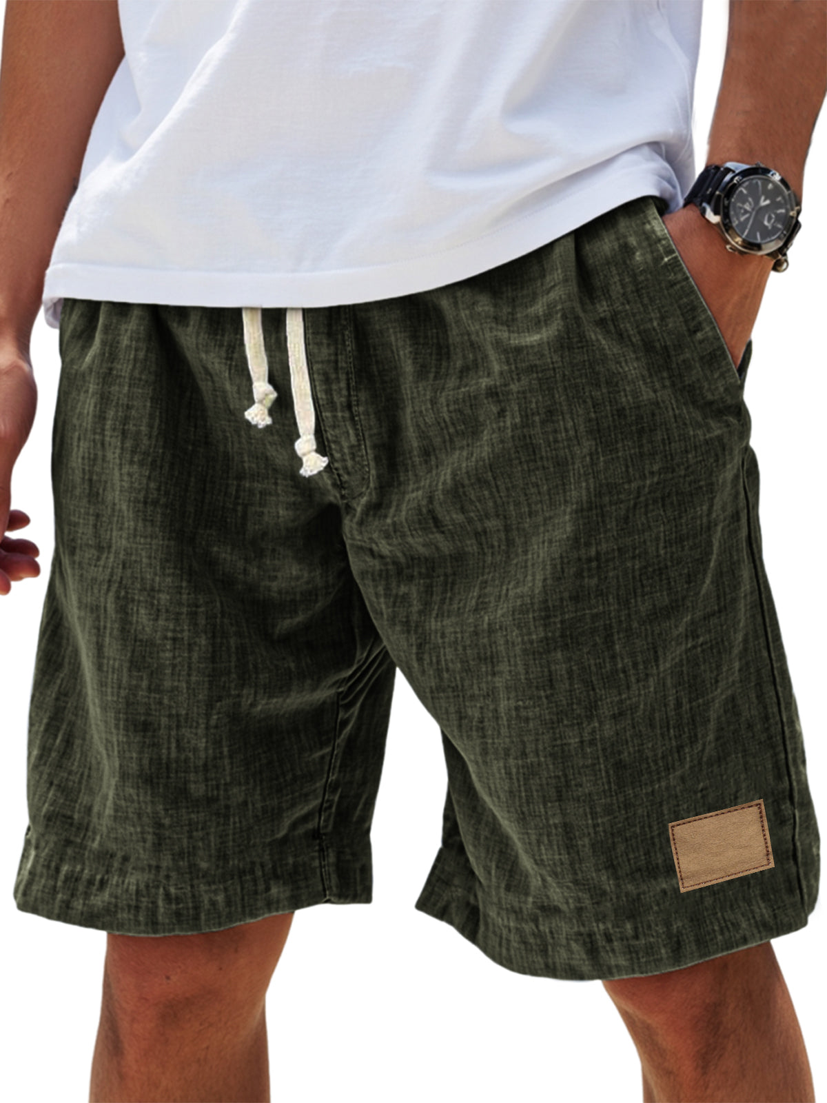 Men's Breathable Linen Embroidered Logo Loose Holiday Shorts