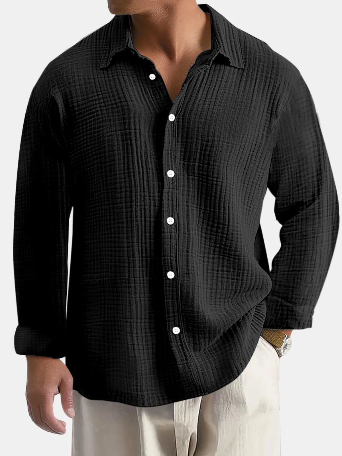 Men's Everyday Solid Color Pleated Textured Comfort Long Sleeve Shirt