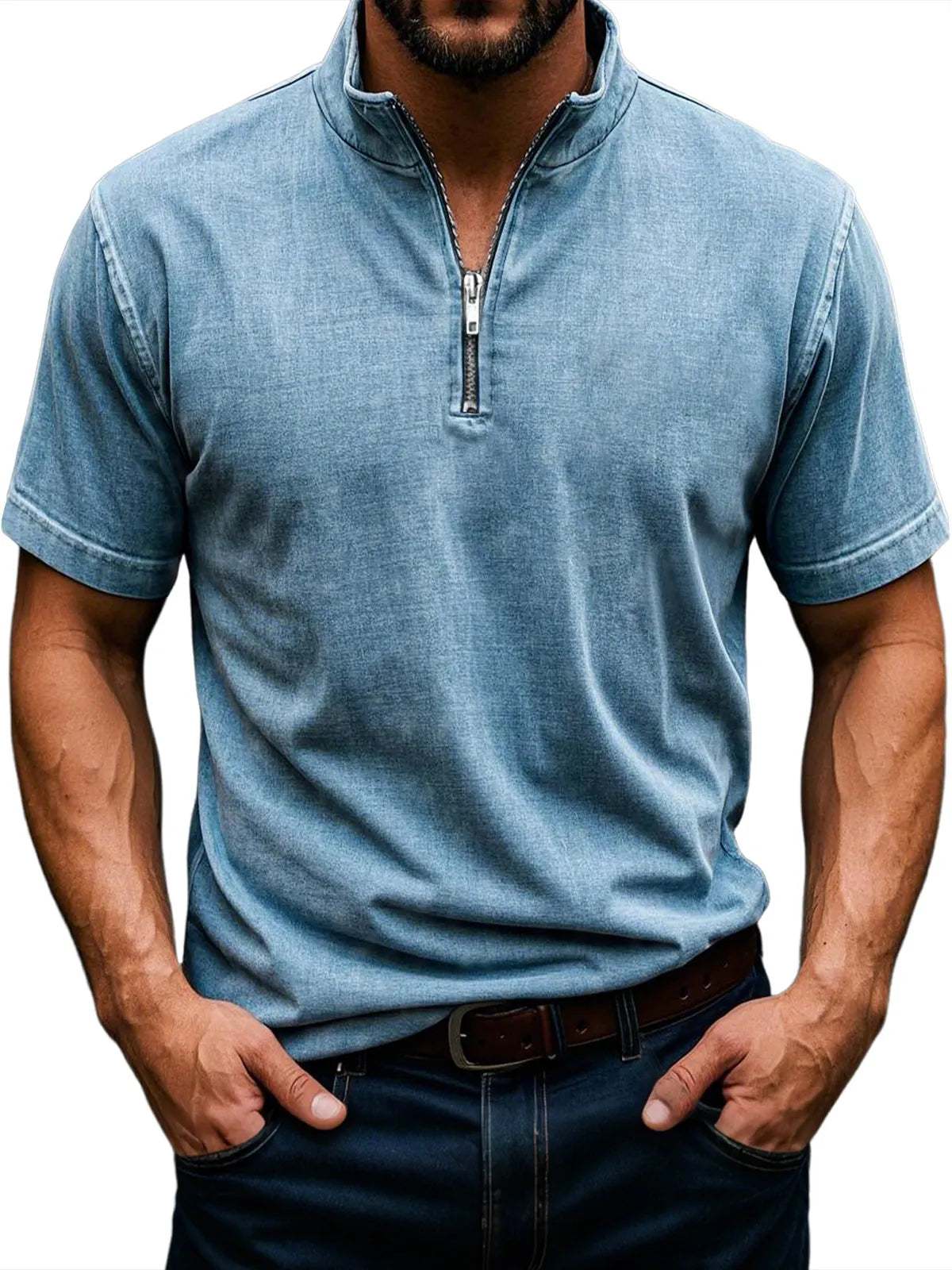 Men's Retro Stand Collar Zipper Casual Solid Color Short Sleeve T-Shirt