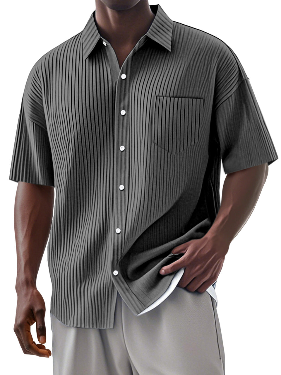 Men's Daily Casual And Comfortable Vertical Striped Solid Color Lapel Short-sleeved Shirt