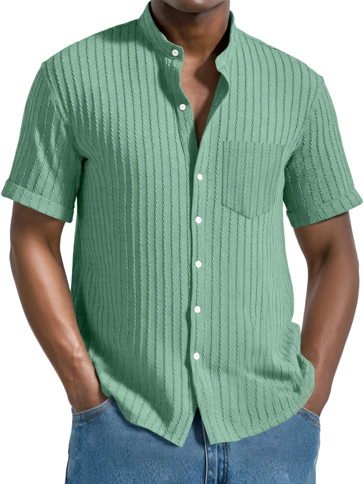 Men's Daily Jacquard Texture Stand Collar Button Casual Short Sleeve Shirt