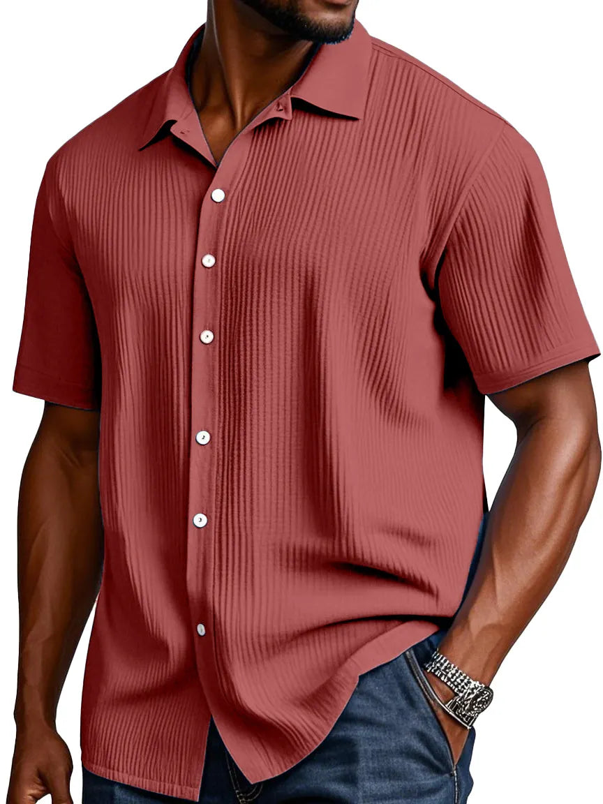 Men's Comfortable Solid Color Texture Short Sleeve Button Shirt