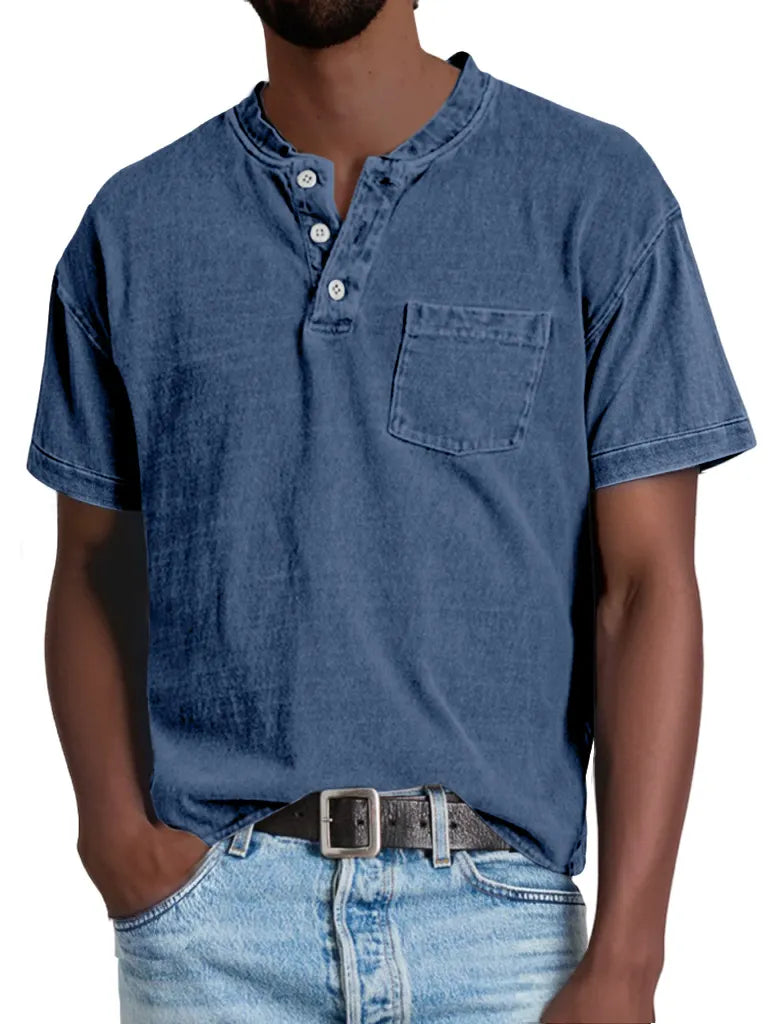 Men's Retro Casual Solid Color Pocket Short Sleeve Henley Shirt