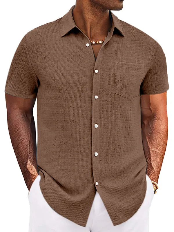 Men's Casual Simple Solid Color Texture Short-sleeved Button-down Shirt