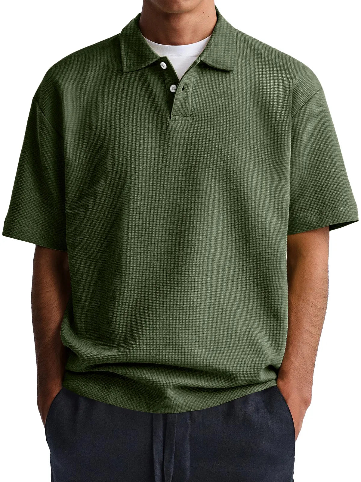 Men's Waffle Casual Lapel Button Down Short Sleeve POLO Shirt