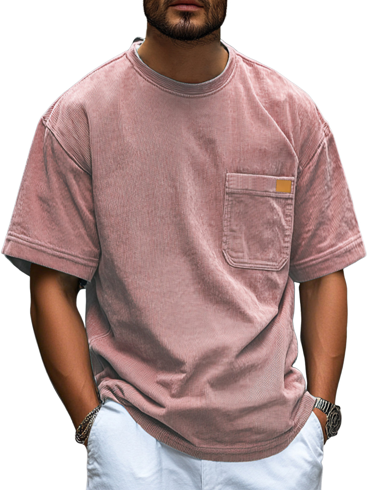 Men's Fashion Retro Corduroy Simple Embroidered Logo Pocket Casual Short-sleeved T-shirt