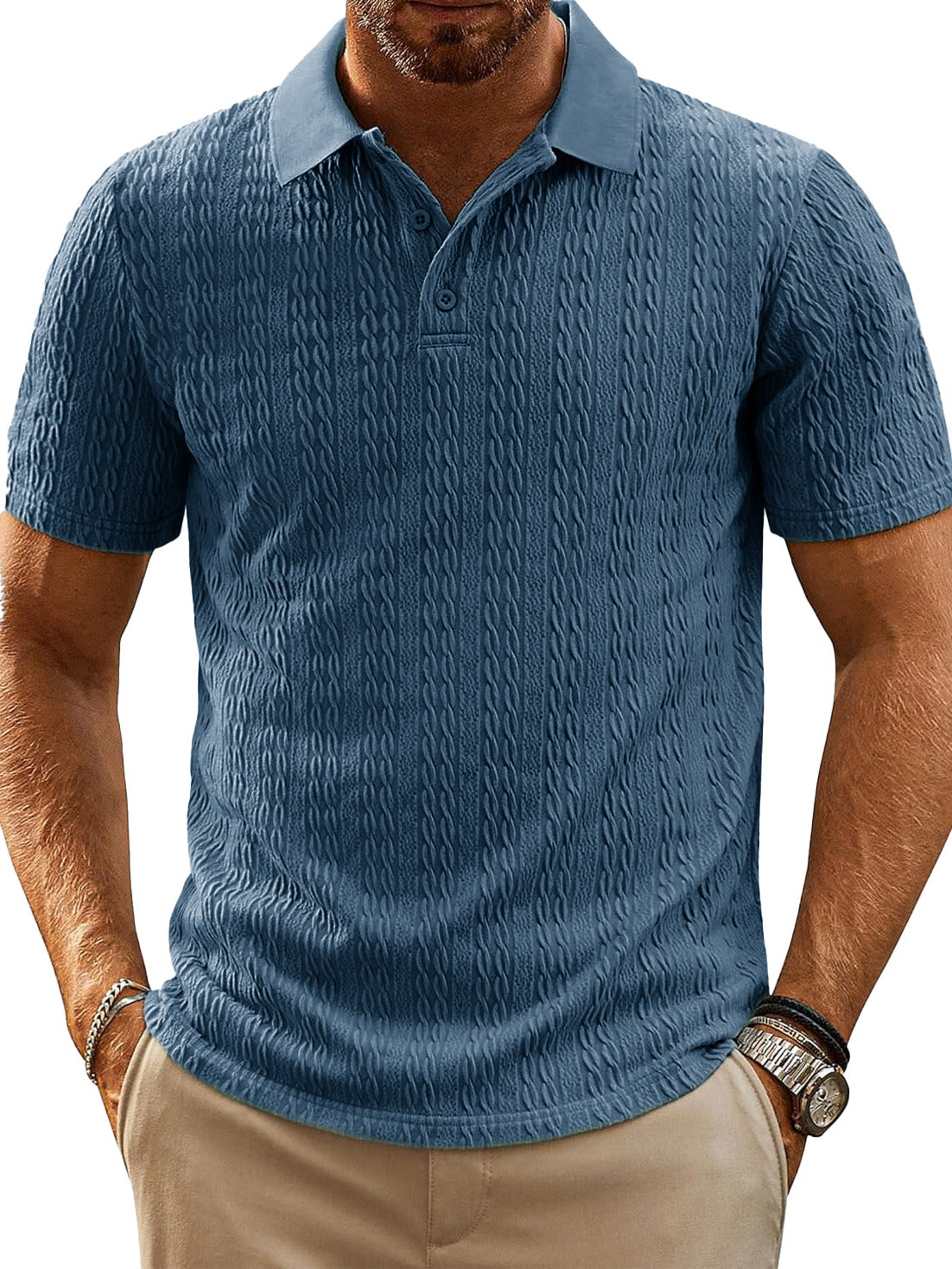 Men's Fashion Everyday Jacquard Fabric Short-sleeved Lapel Pocket Polo Shirt