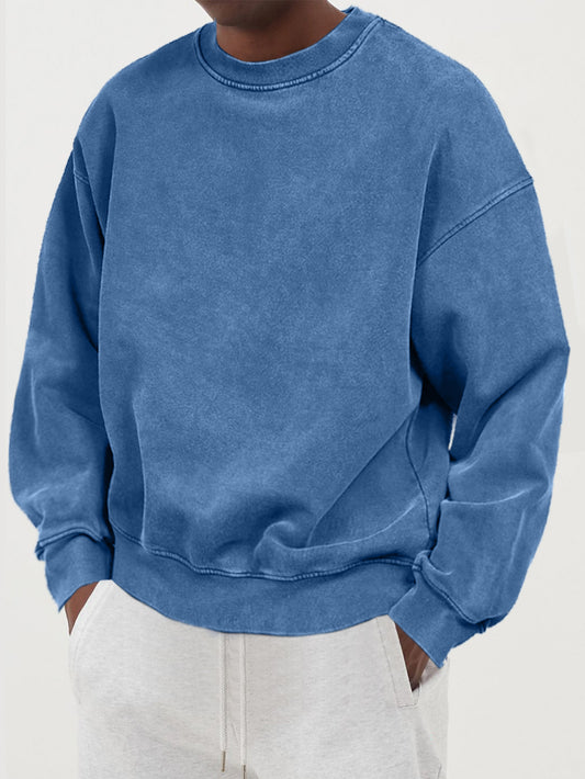Men's Distressed Washed Cotton Round Neck Long-sleeved Sweatshirt