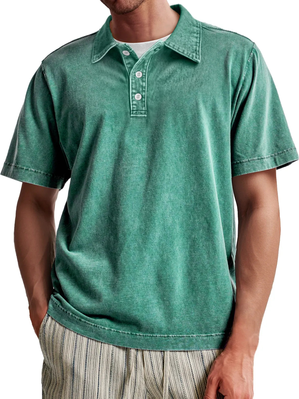 Men's Vintage Washed 100% Cotton Casual Lapel Button Short Sleeve POLO Shirt