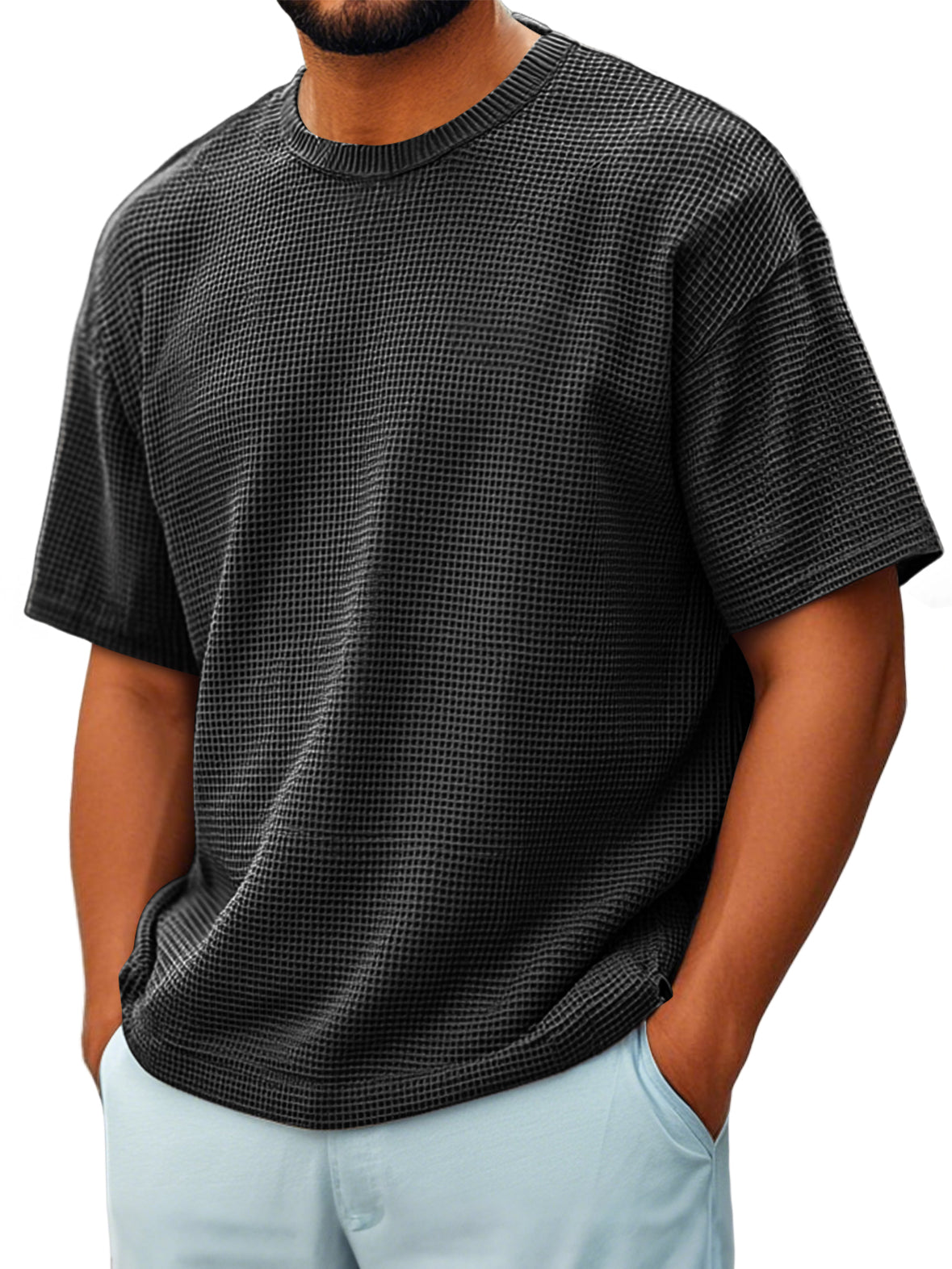 Men's Round Neck Waffle Casual Short-sleeved T-shir