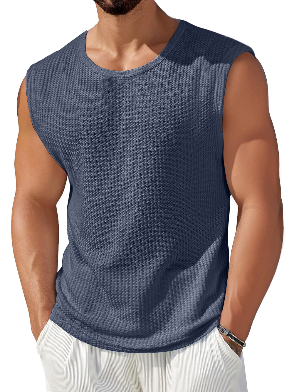 Men's Daily Waffle Round Neck Casual Solid Color Sleeveless Vest