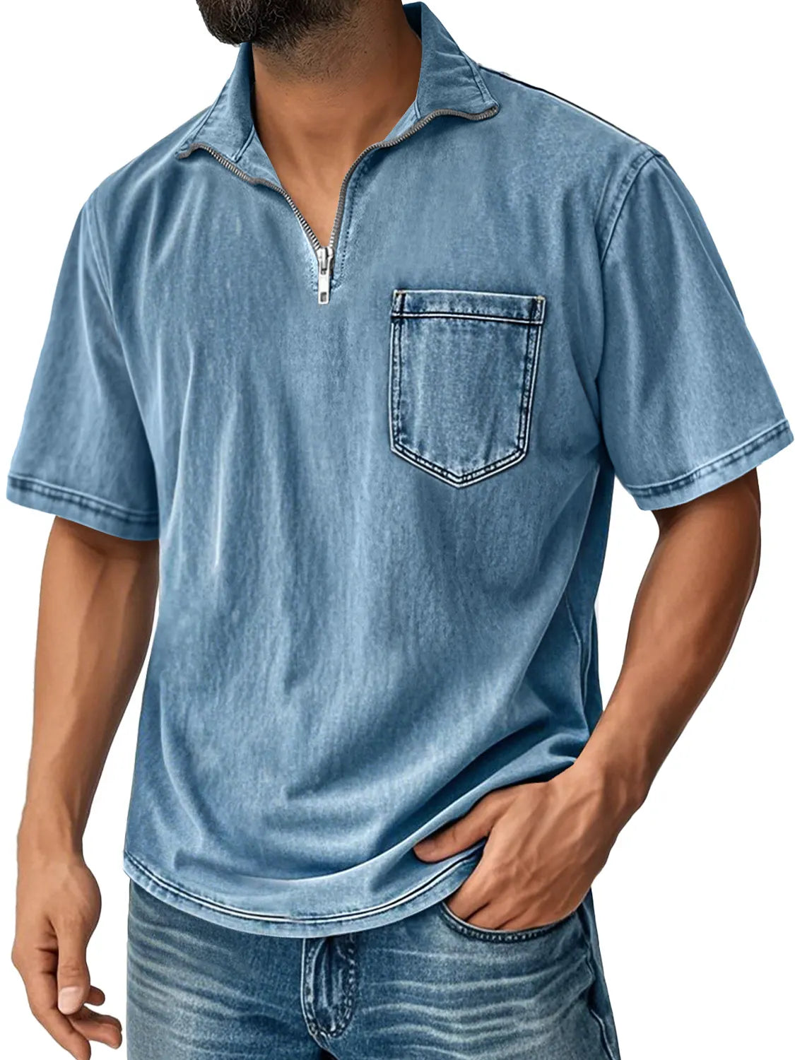 Men's Retro Stand Collar Zipper Casual Pocket Comfortable Short Sleeve T-shirt