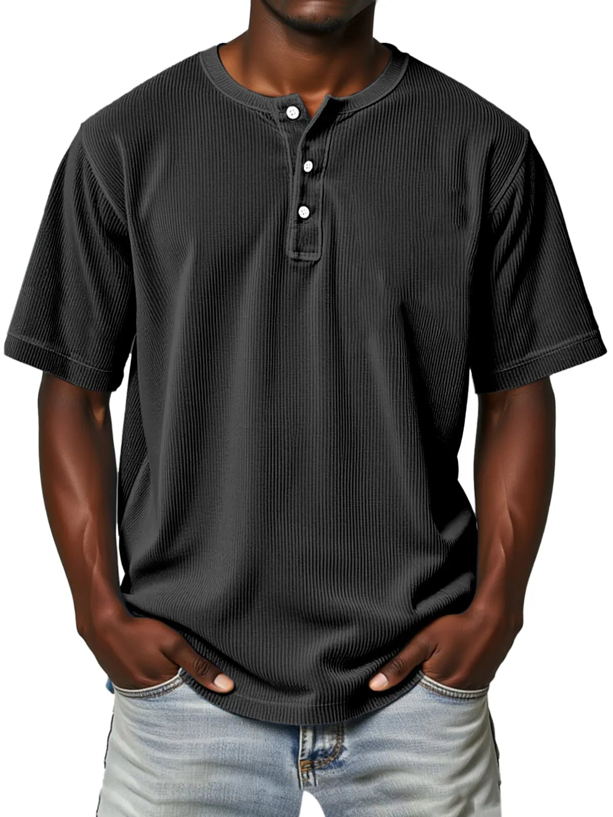 Men's Everyday Retro Vertical Stripe Solid Color Comfortable Short Sleeve Henley Shirt