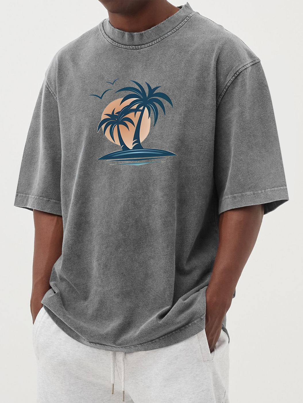 Men's Washed Distressed Cotton Palm Tree Casual Short-sleeved T-shirt