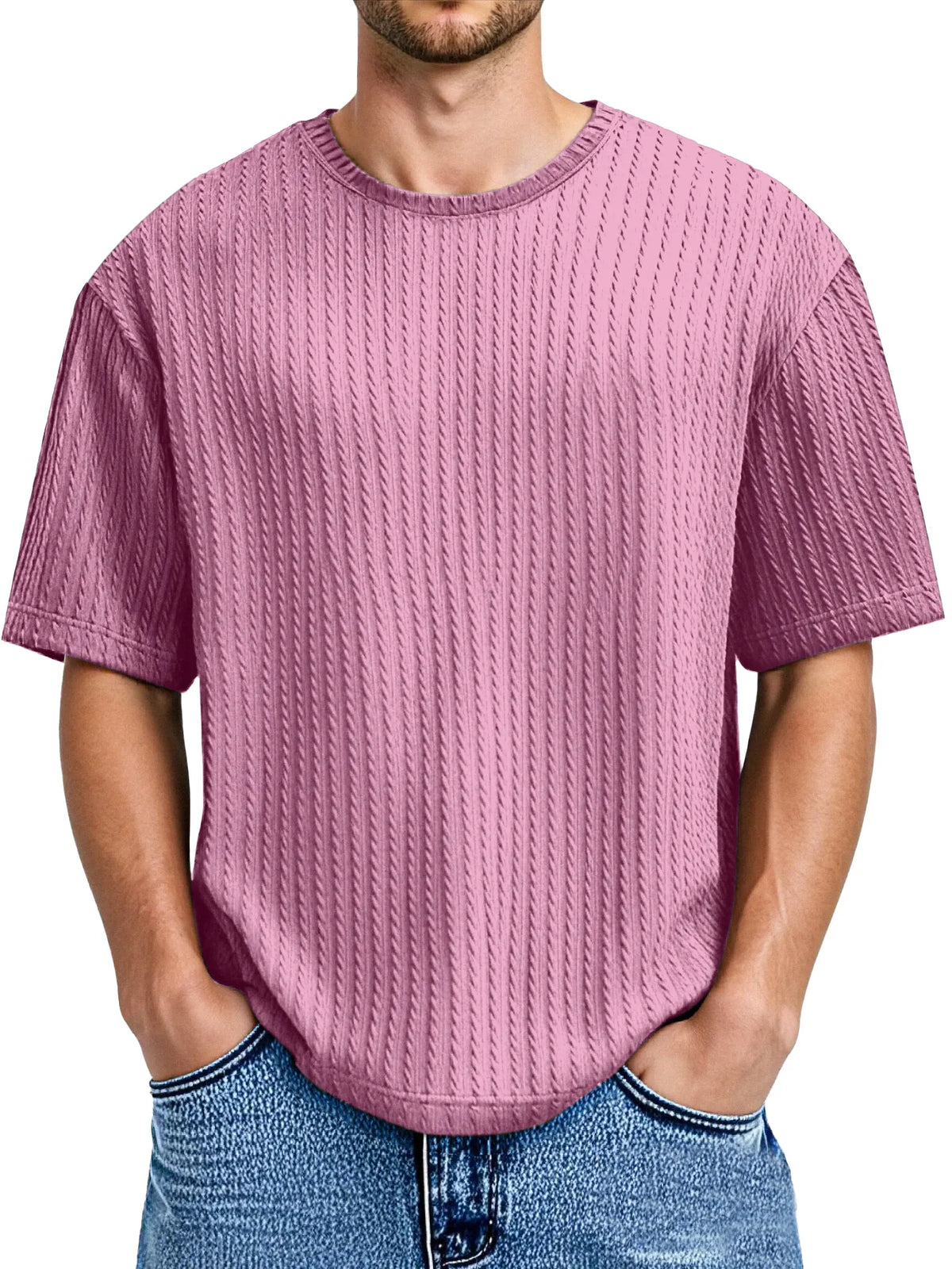 Men's Daily Solid Color Twist Texture Short-sleeved Round Neck T-shirt