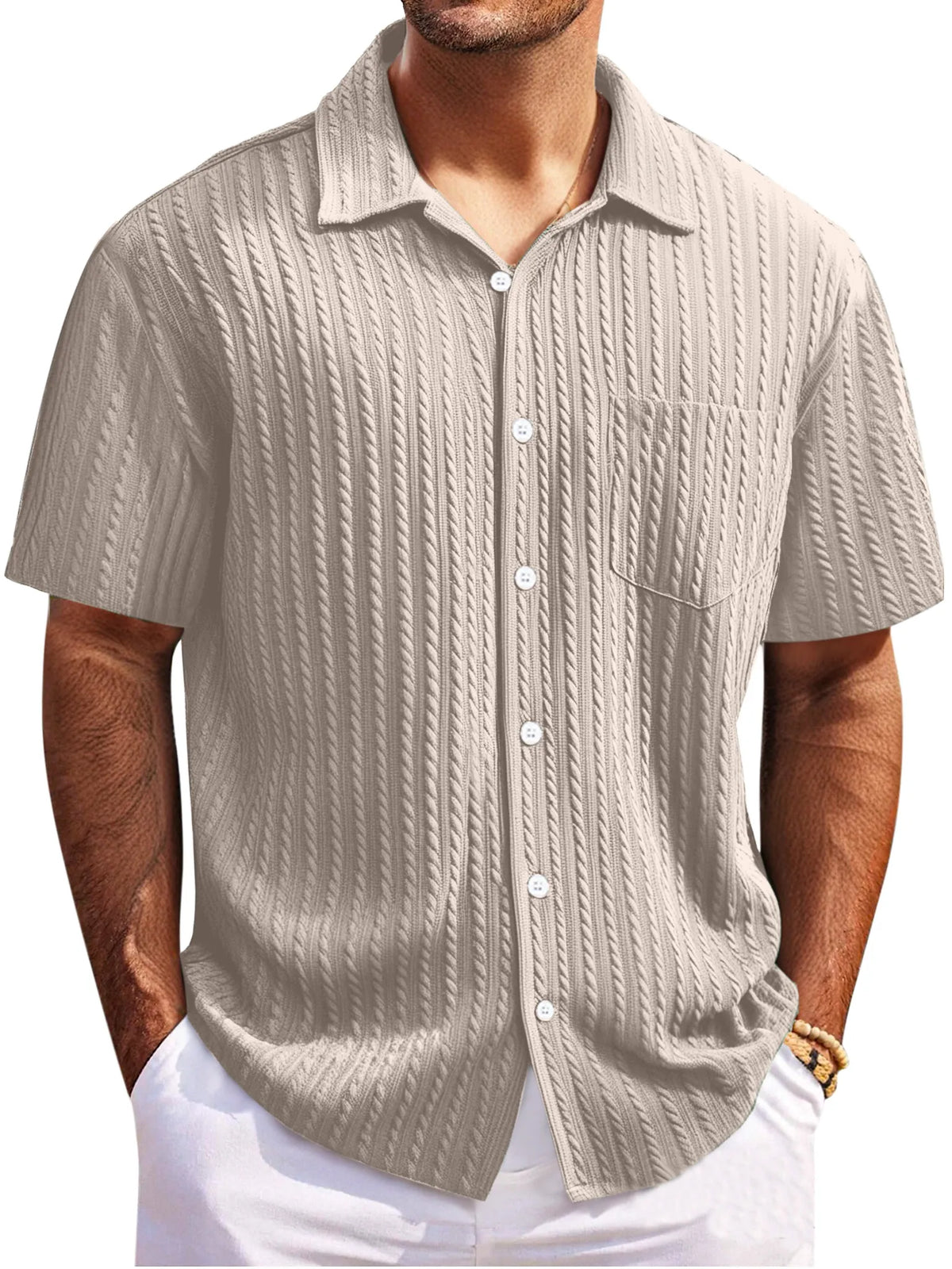 Men's Simple Everyday Twist Texture Short-sleeved Lapel Button-down Shirt