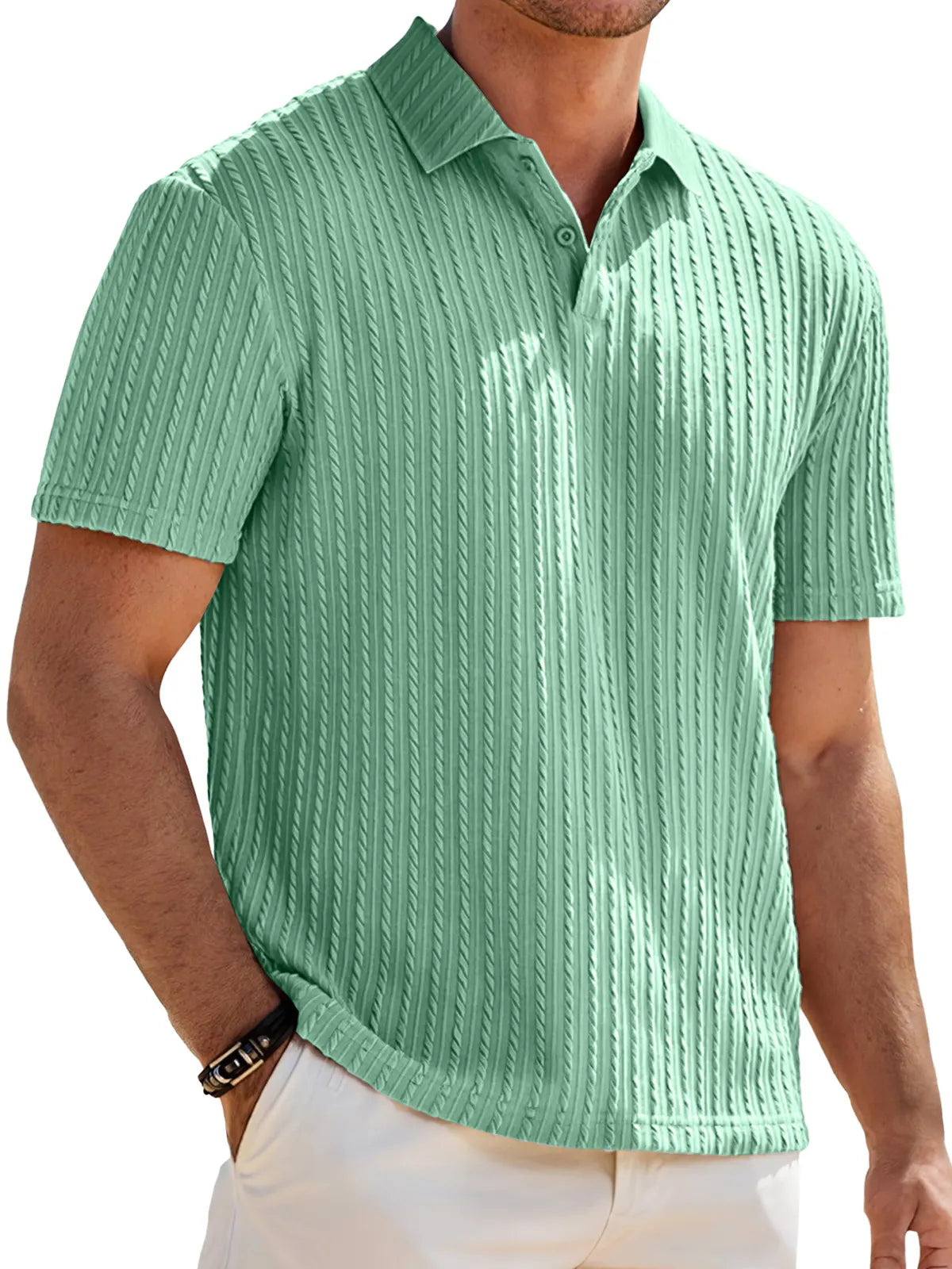 Men's Jacquard Texture Casual Lapel Button Solid Color Short-sleeved Polo Shirt