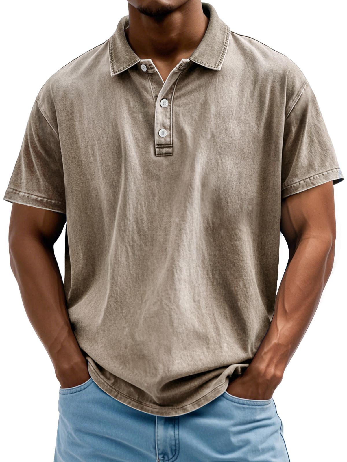 Men's Vintage Washed And Distressed Pure Cotton Lapel Short-sleeved Polo Shirt