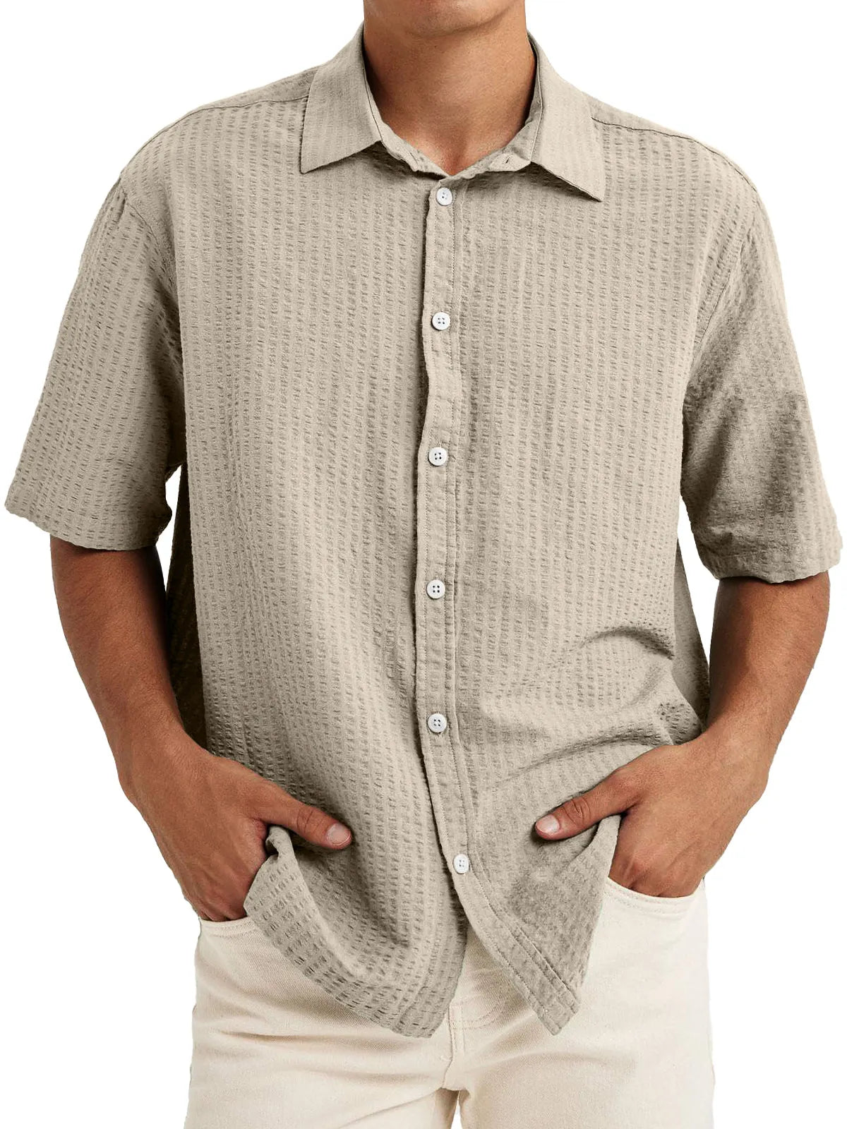 Men's Casual Textured Lapel Solid Color Short-sleeved Shirt