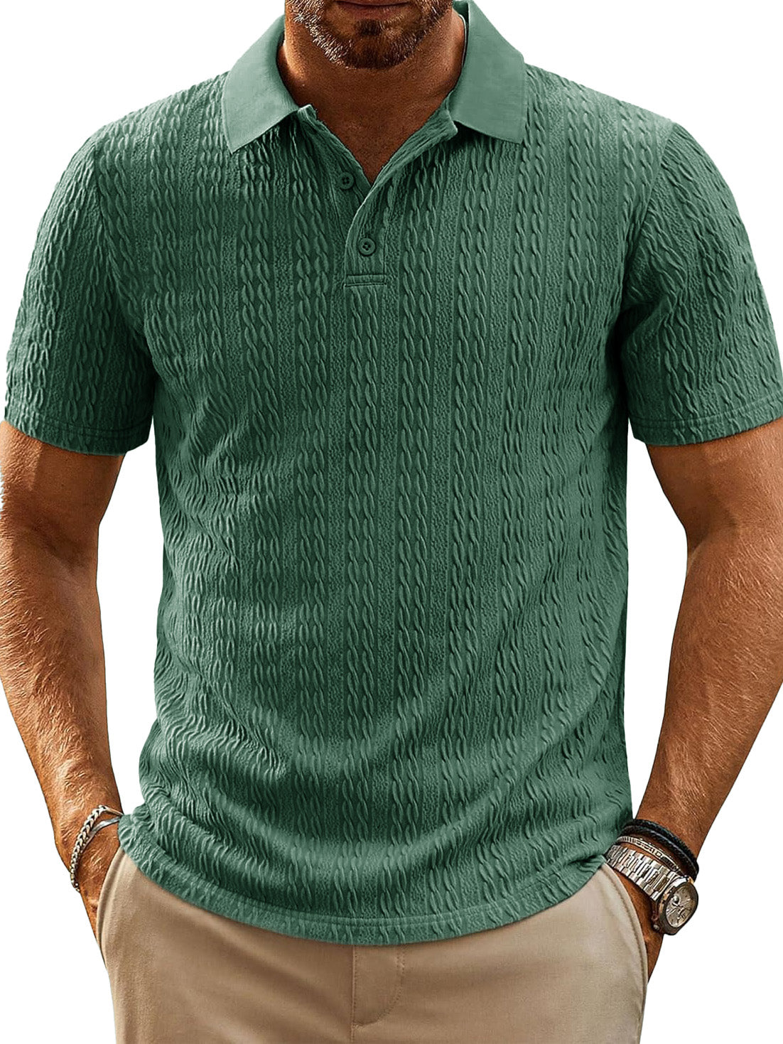 Men's Fashion Everyday Jacquard Fabric Short-sleeved Lapel Pocket Polo Shirt