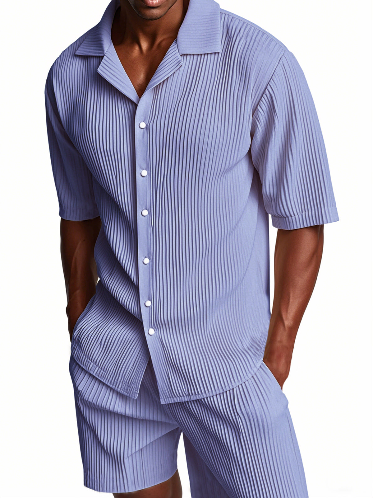 Men's Pleated Texture Suit Cuban Collar Casual Striped Fabric Short Sleeve Shirt Shorts Casual Two-piece Suit