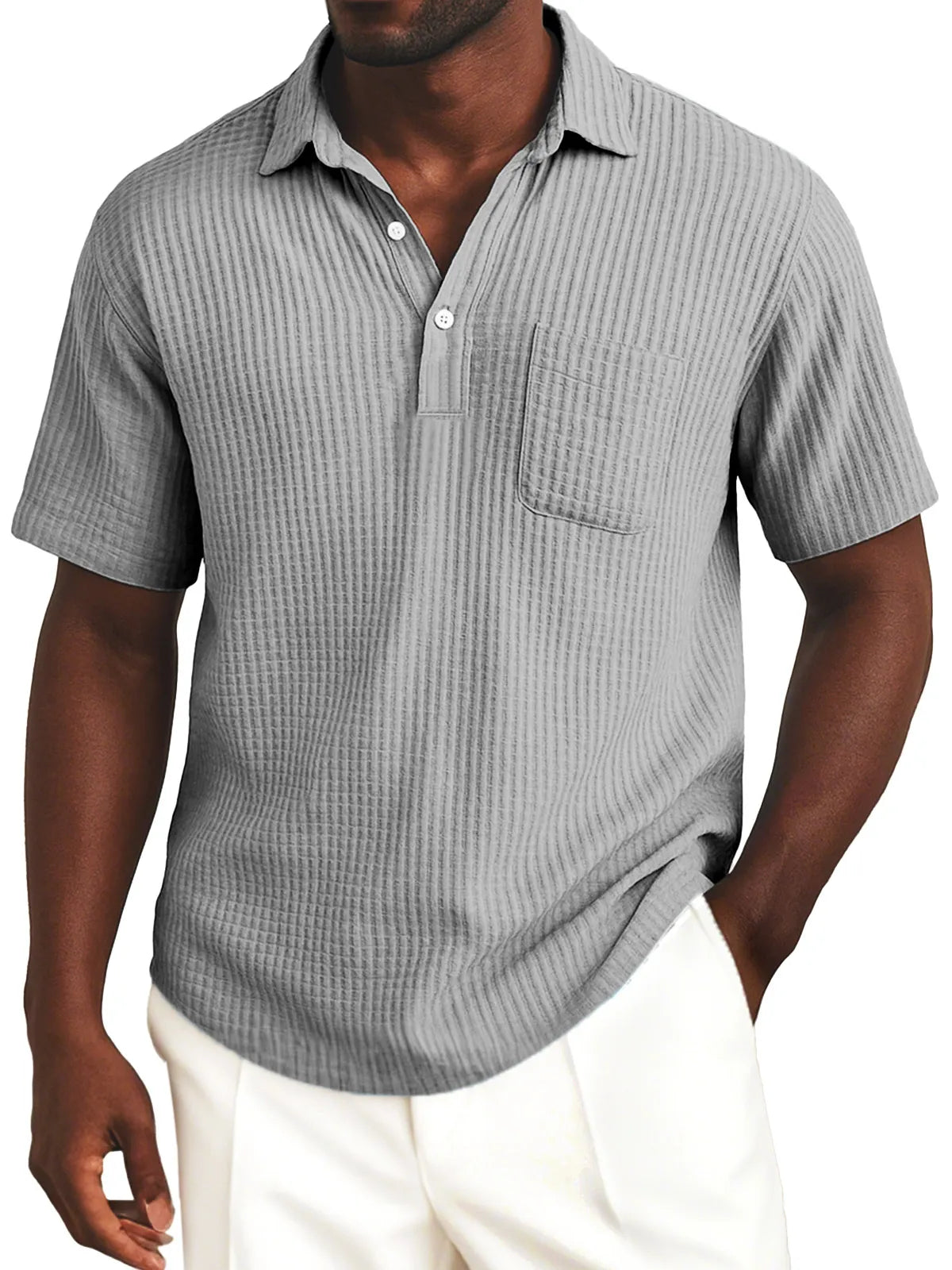 Men's Simple Everyday Solid Color Waffle Lapel Button-up Polo Shirt