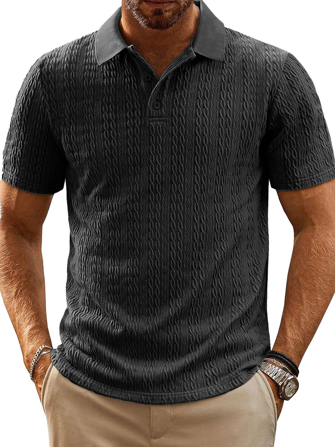 Men's Fashion Everyday Jacquard Fabric Short-sleeved Lapel Pocket Polo Shirt