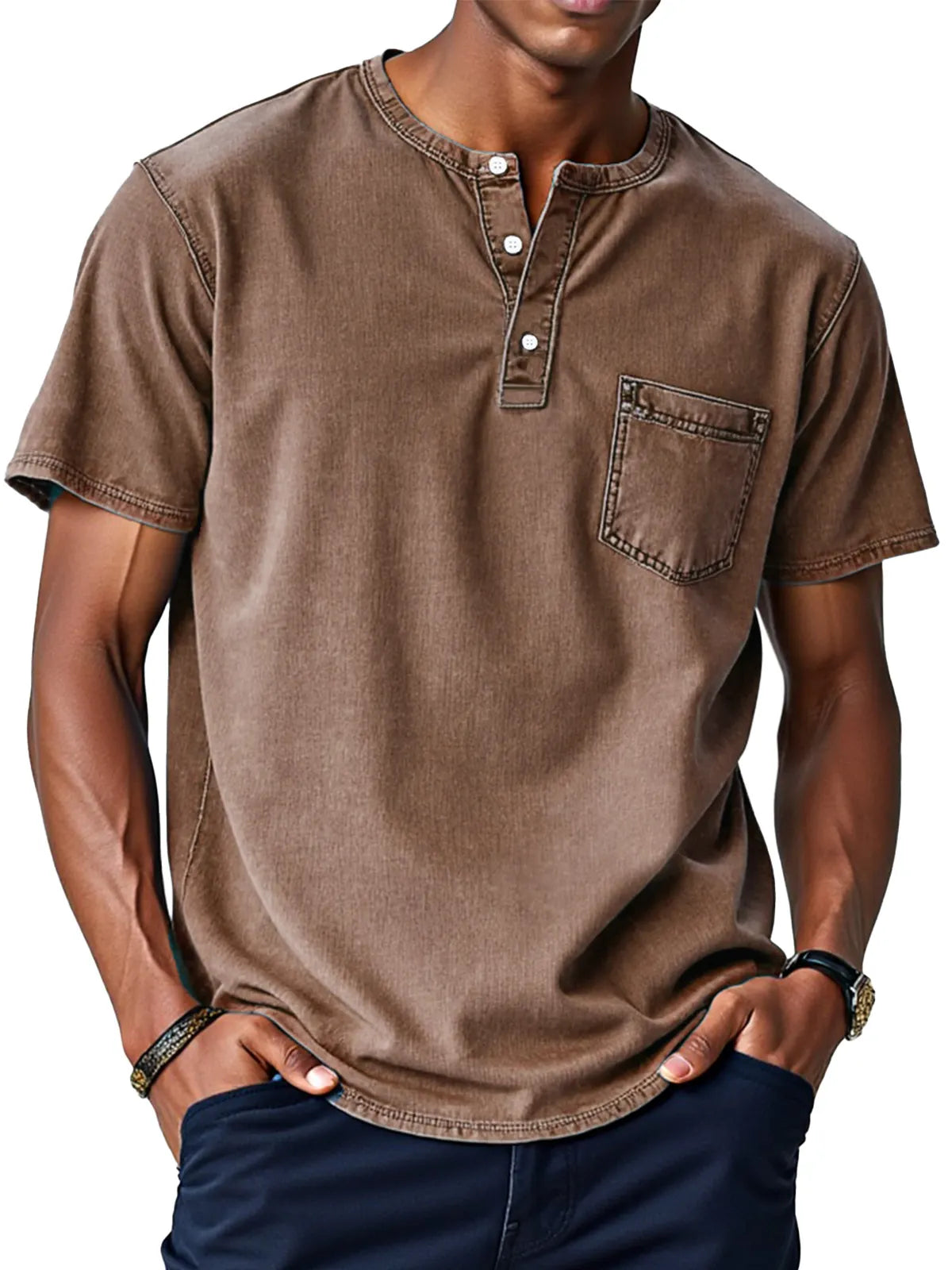 Men's Retro Solid Color Loose Button Stand Collar Short Sleeve Henley Shirt