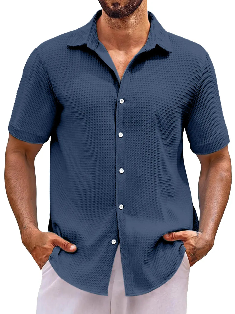 Men's Everyday Loose Solid Color Waffle Short Sleeve Shirt