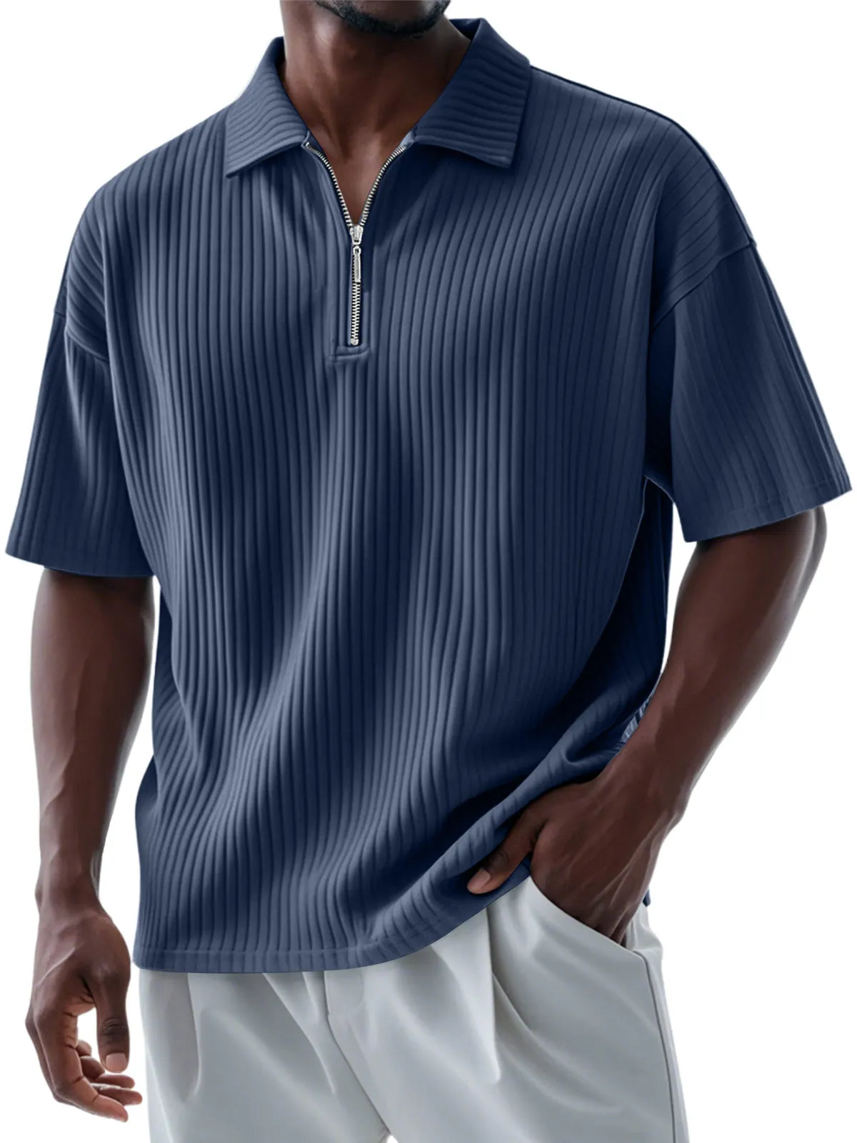 Men's Casual Daily Pitted Lapel Zipper Short-sleeved Polo Shirt