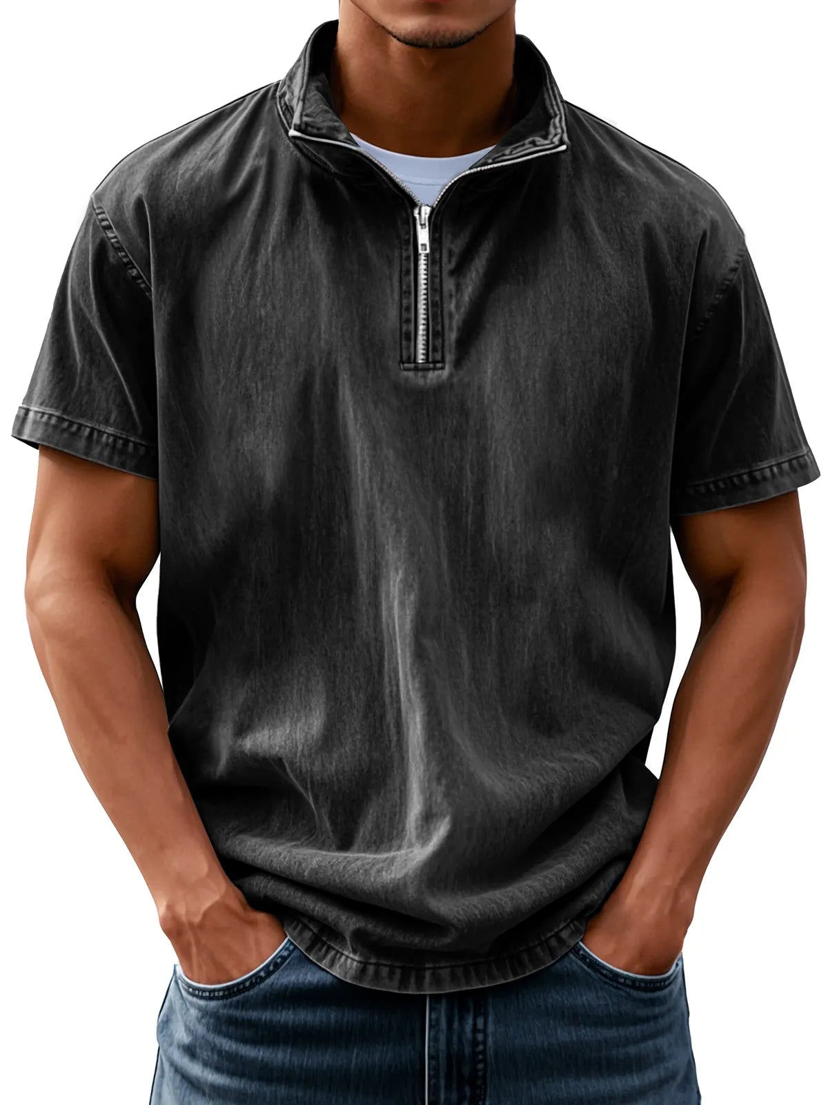 Men's Retro Everyday Stand Collar Zipper Solid Color Short Sleeve Shirt