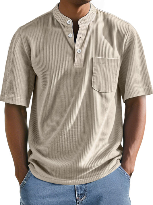 Men's Everyday Stand Collar Ribbed Pocket Comfort Short Sleeve Henley Shirt