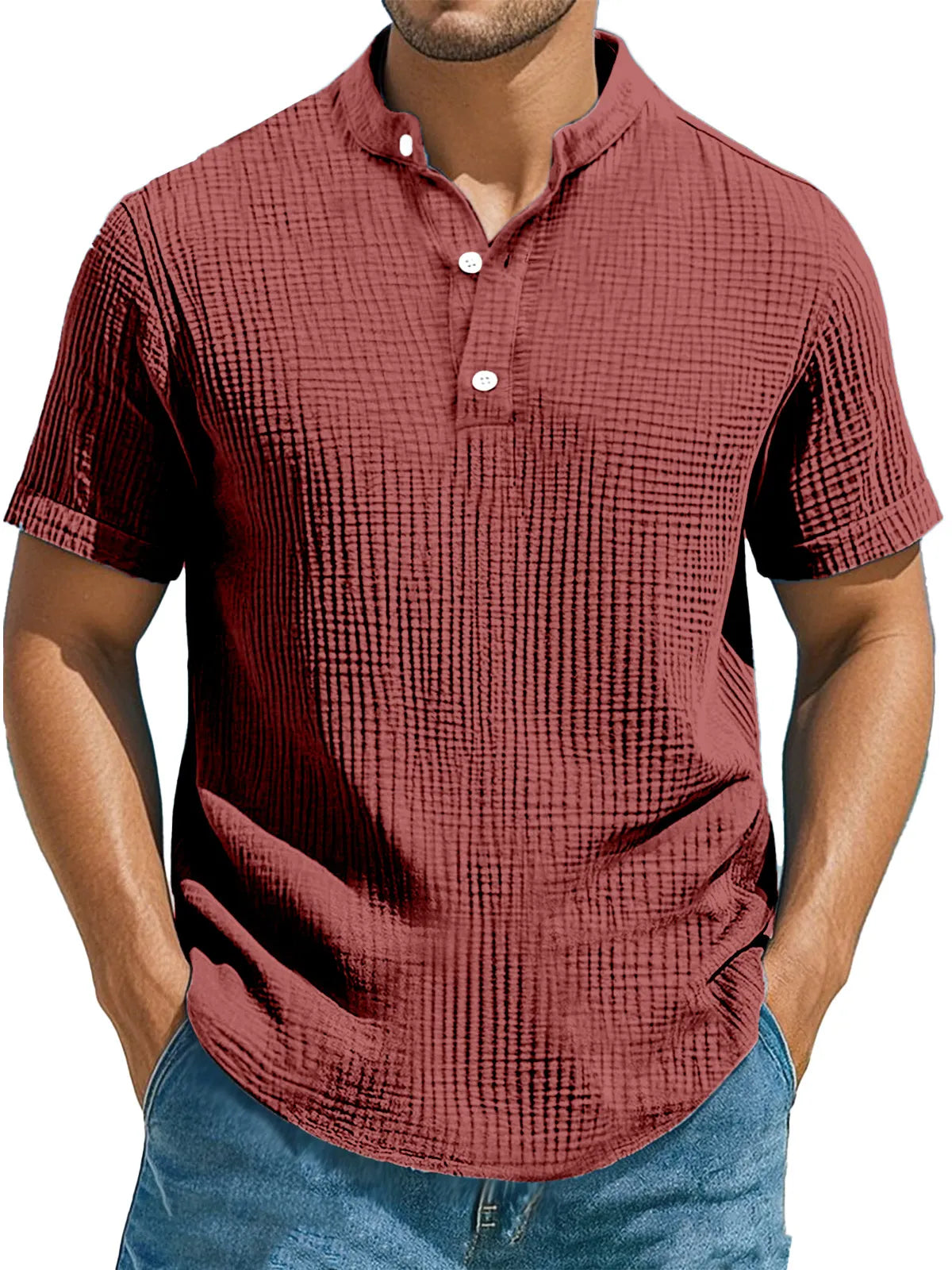 Men's Casual Solid Color Pleated Texture Short-sleeved Stand Collar Henley Shirt