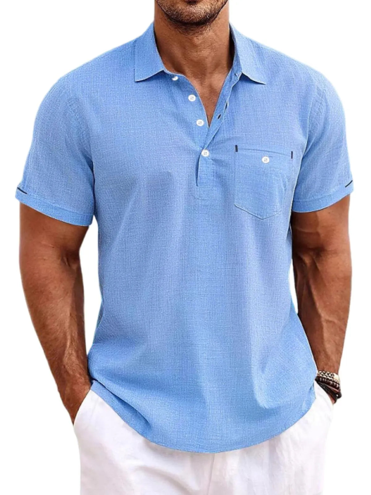 Men's Breathable Casual Button Chest Pocket Lapel Linen Short Sleeve POLO Shirt