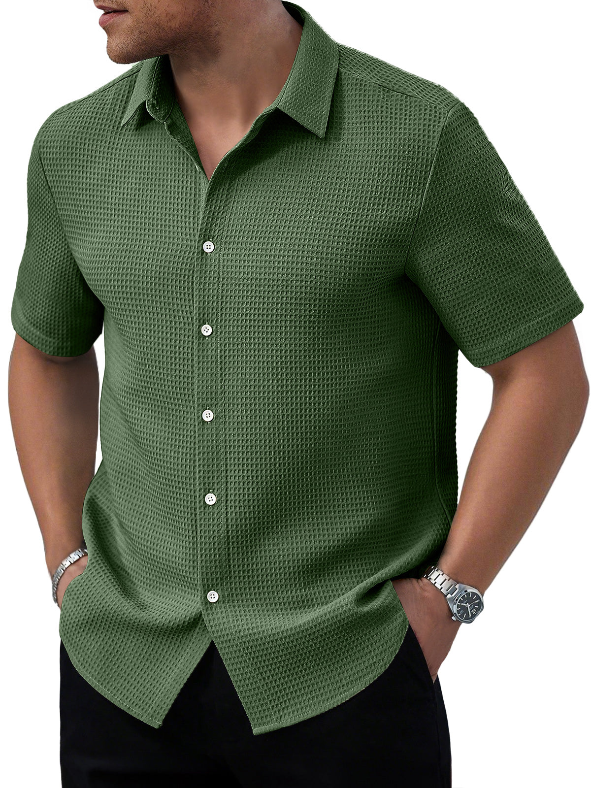 Men's Waffle Daily Casual Comfort Solid Color Short Sleeve Shirt