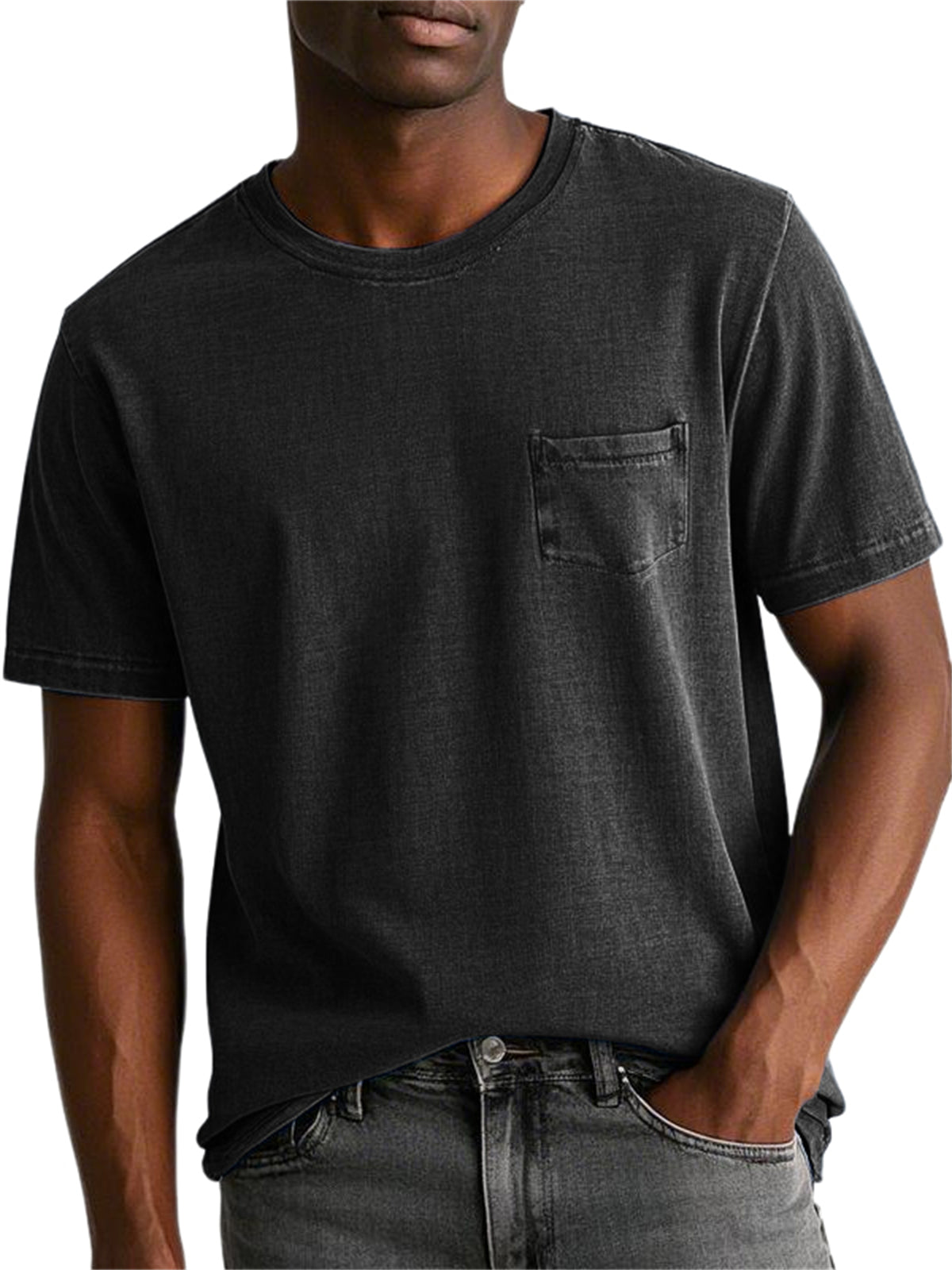 Men's 100% Cotton Washed And Distressed Retro Pocket Round Neck Short-sleeved T-shirt
