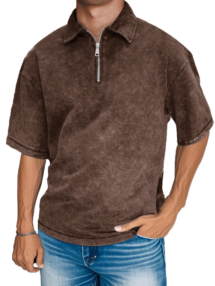Men's Fashion Retro Distressed Short Sleeve Lapel Zipper Polo Shirt