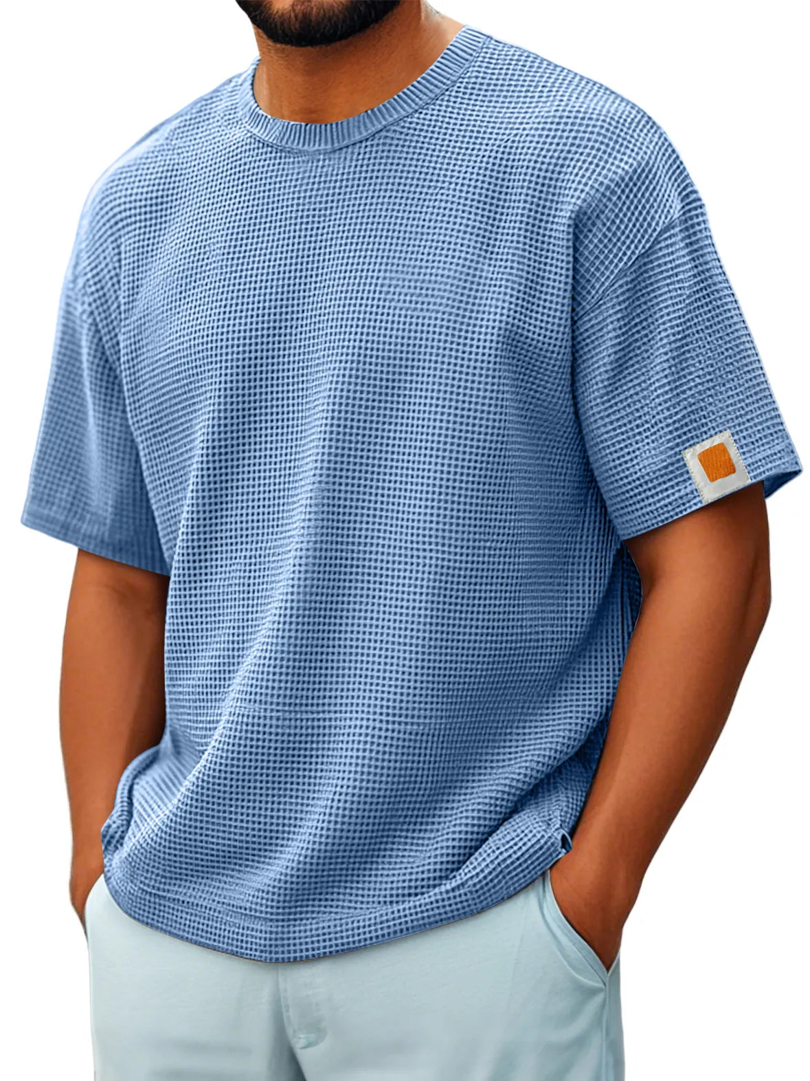 Men's Vintage Crew Neck Waffle Embroidered Logo Comfort Short Sleeve T-Shirt