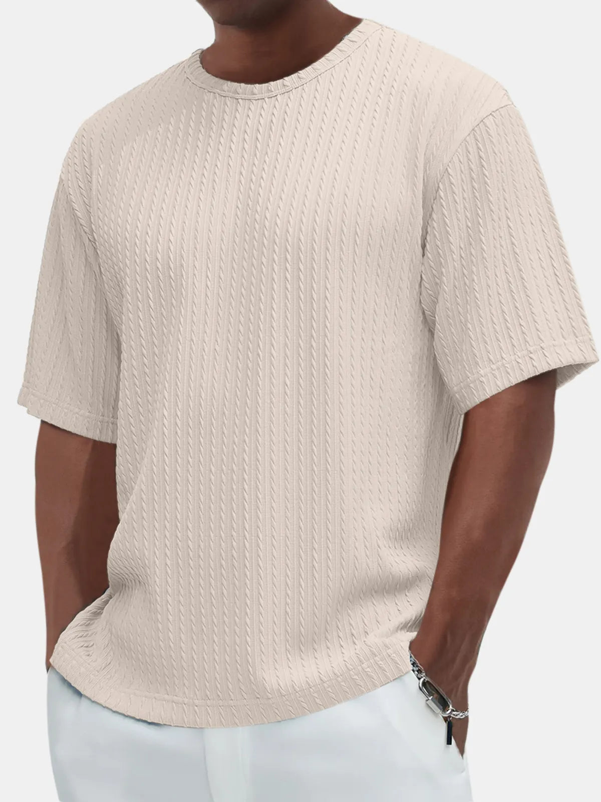 Men's Casual Solid Color Comfortable Daily Jacquard Texture Short-sleeved T-shirt