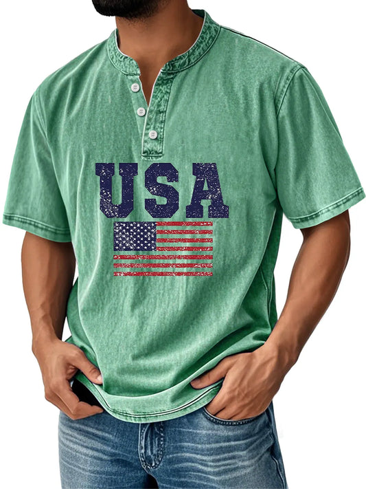Men's Everyday Independence Day Flag Print Casual Stand Collar Short Sleeve Henley Shirt