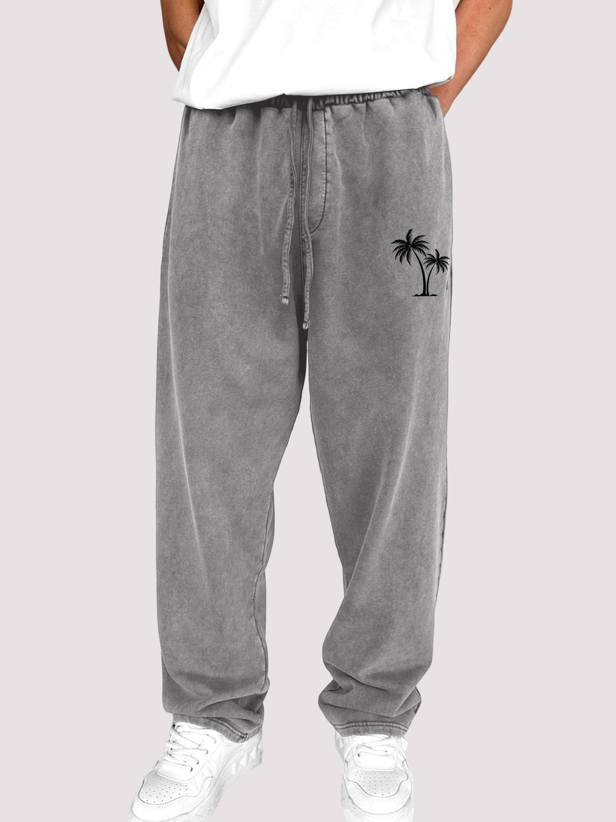 Men's Dyed Vintage Coconut Tree Printed Holiday Casual Elastic Waist Drawstring Trousers