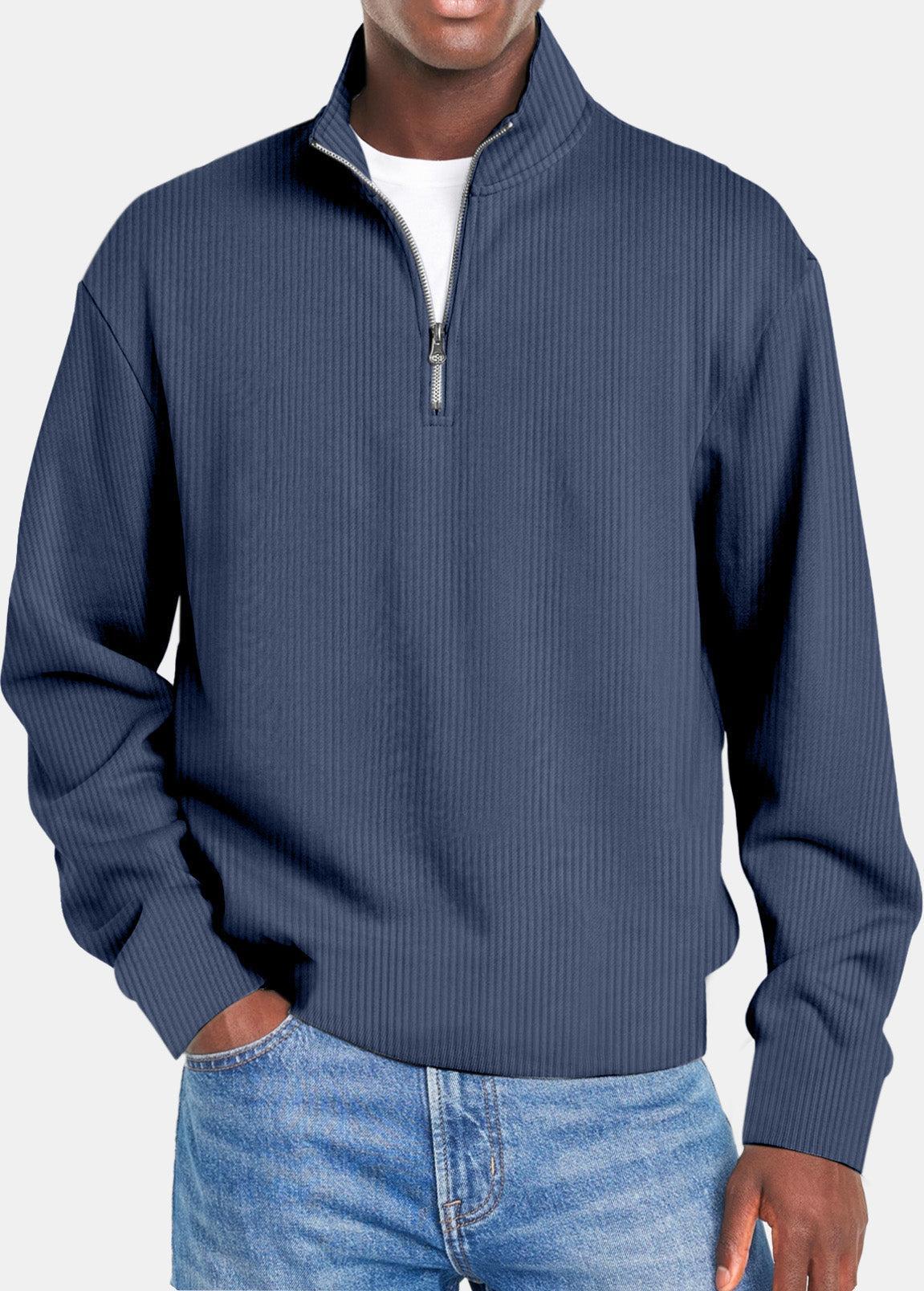 Men's Autumn and Winter Simple Vertical Strip Comfortable Zipper Long-sleeved Polo Shirt