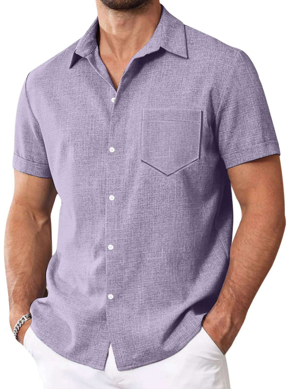 Men's Simple Solid Color Imitation Linen Lapel Button-down Short-sleeved Shirt