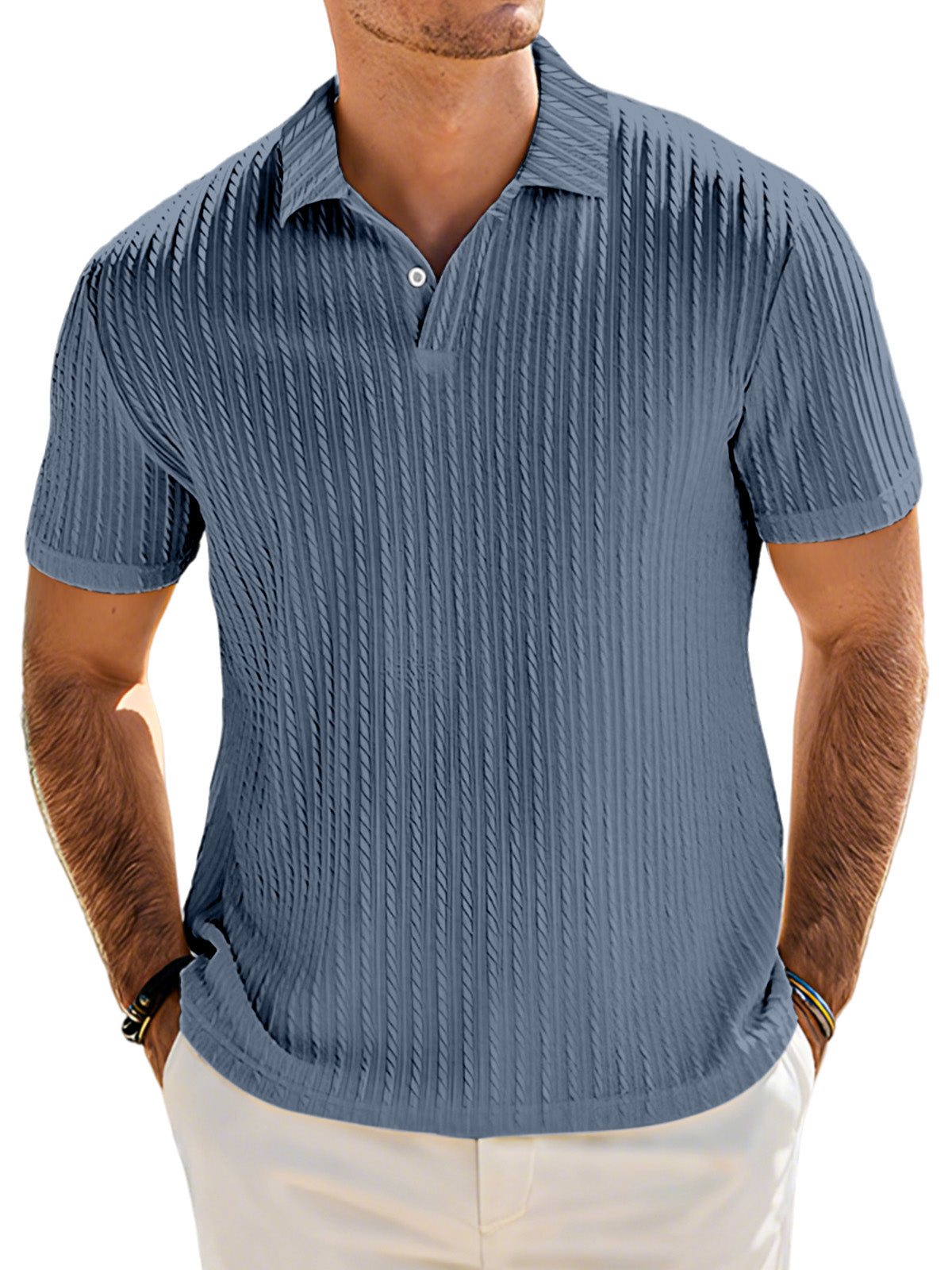 Men's Casual Solid Color Textured Lapel Button Short Sleeve Polo Shirt